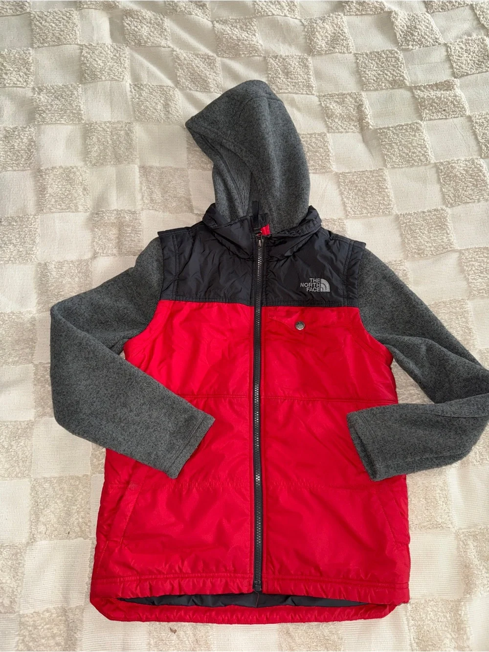 The North‎ Face Red and Gray Hooded Hybrid Jacket M (10-12)